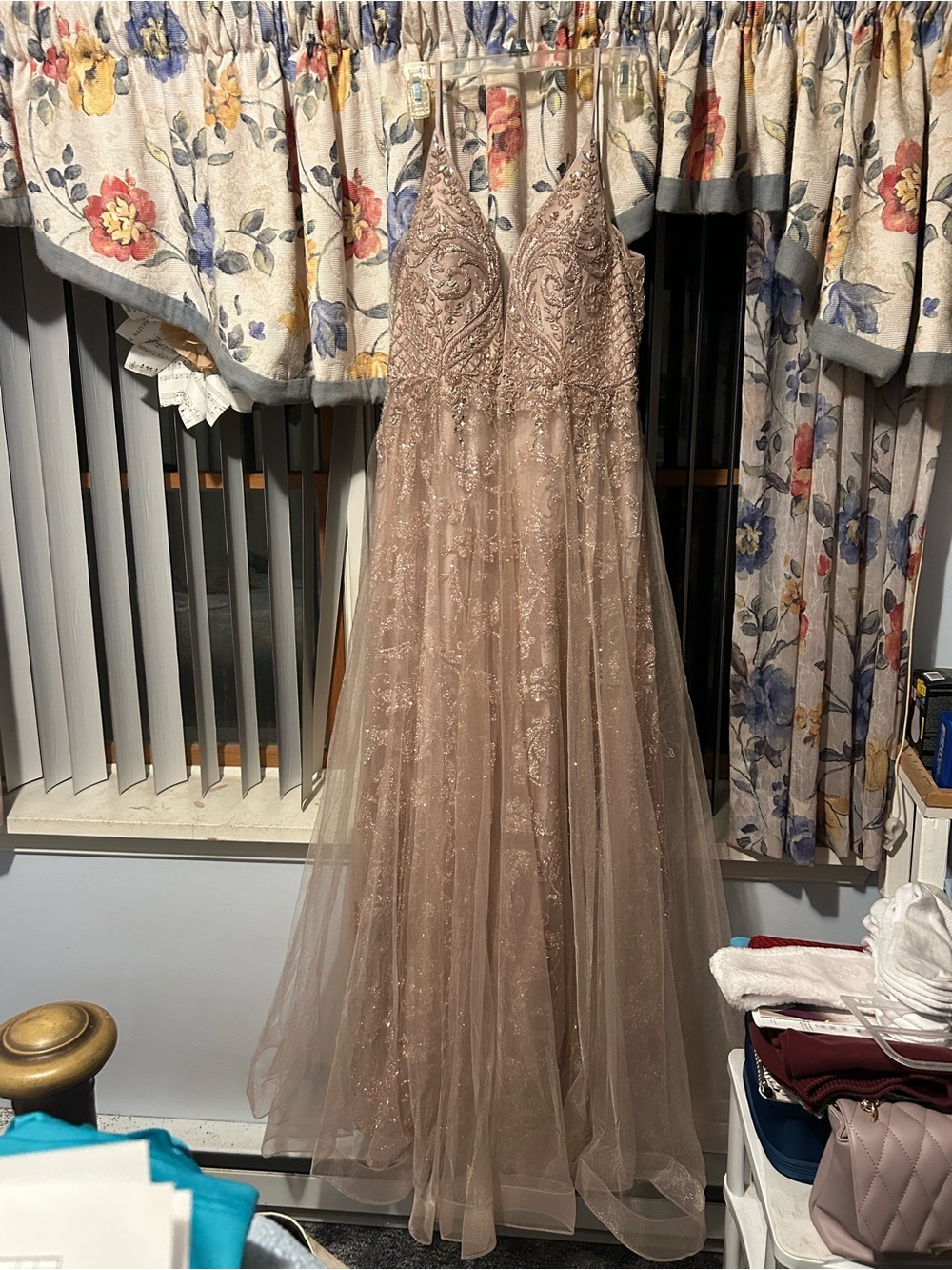 Beaded Tulle Prom Dress in Rose Taupe
